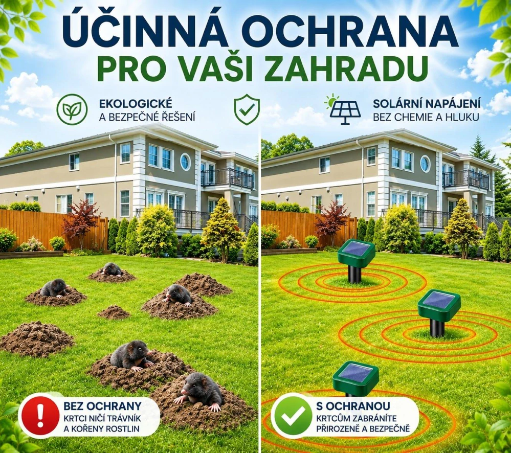 Sada 2 ks solárních odpuzovačů krtků a hrabošů – ochrana zahrady bez chemie