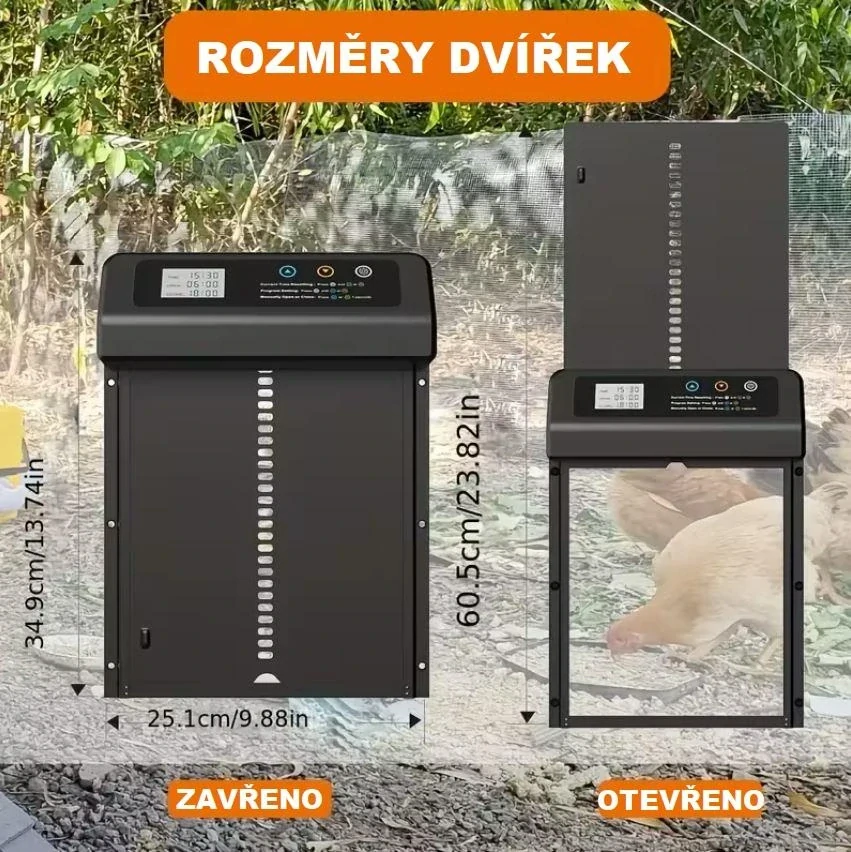 Automatická dvířka do kurníku s časovačem a světelným senzorem - baterie ZDARMA