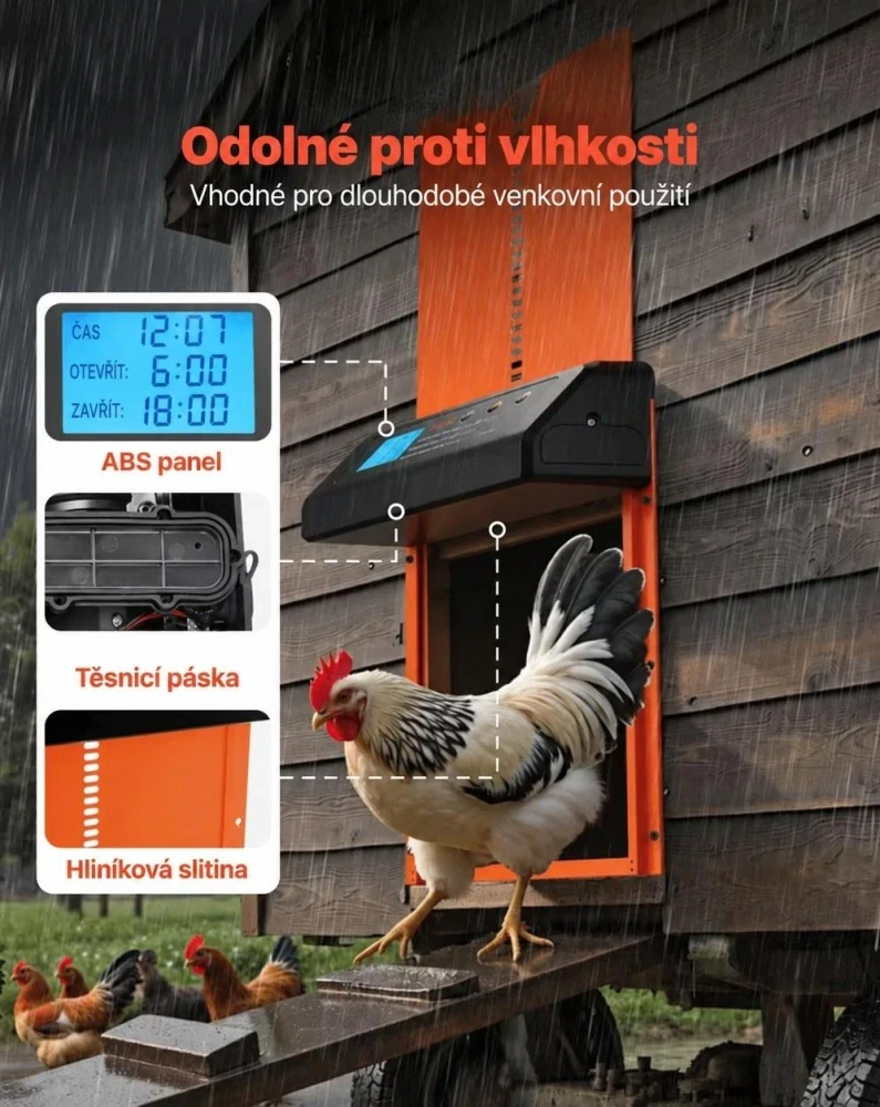Automatická dvířka do kurníku s časovačem a ochranou proti přiskřípnutí – oranžová
