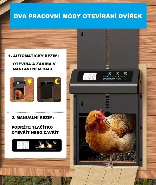 Automatická dvířka do kurníku s časovačem a světelným senzorem - baterie ZDARMA